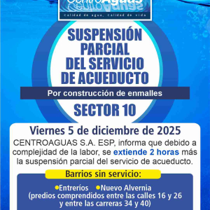 Se extiende el tiempo de suspensión parcial del servicio de acueducto del sector 10