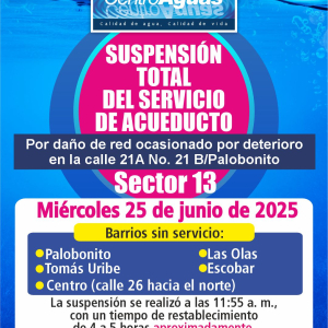 Suspensión total del servicio de acueducto del sector 13