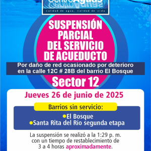 Suspensión parcial del servicio de acueducto del sector 12