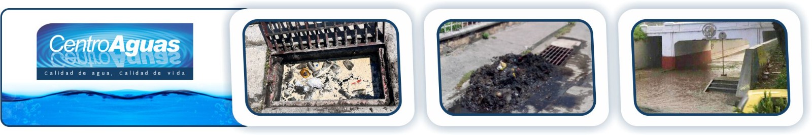 Diseño con tres imágenes de sumideros con residuos e inundación en una parte de la ciudad 