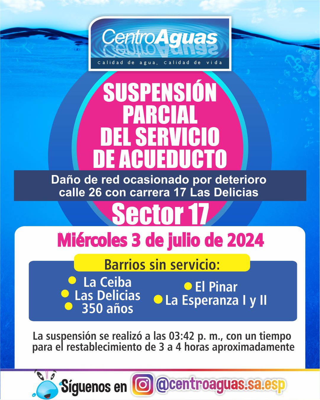 Suspensión del servicio de acueducto en el sector 17