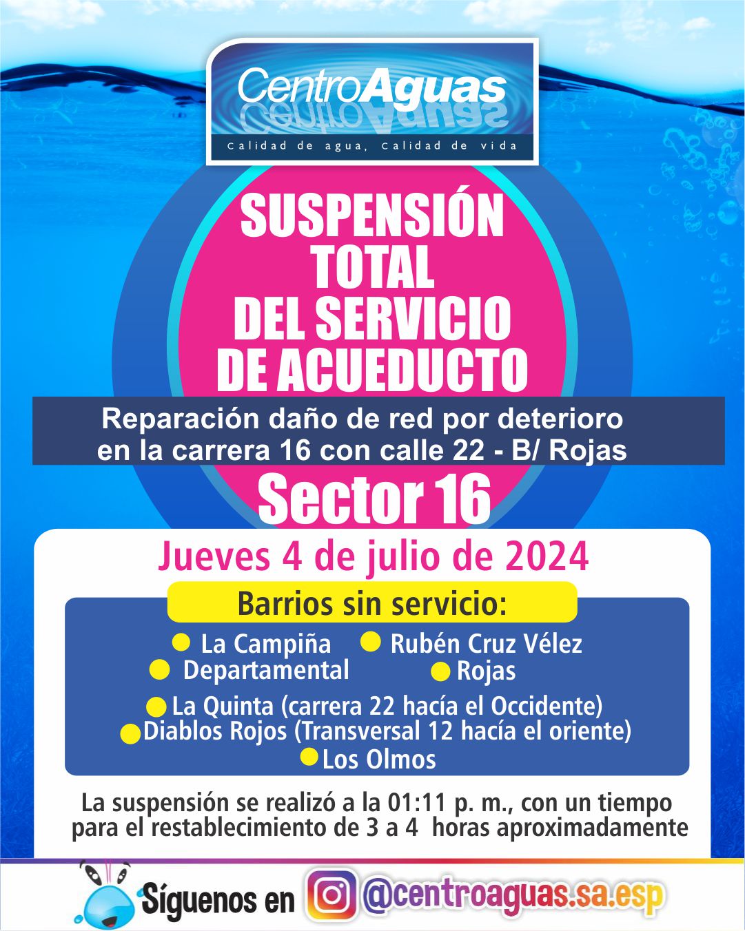 Suspensión del servicio de acueducto en el sector 16