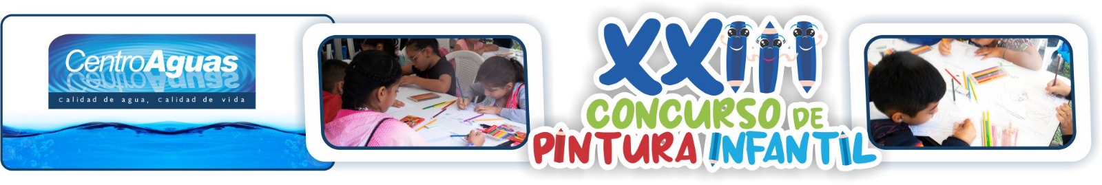 Diseño con fotografías de niños pintando en el concurso de pintura infantil 