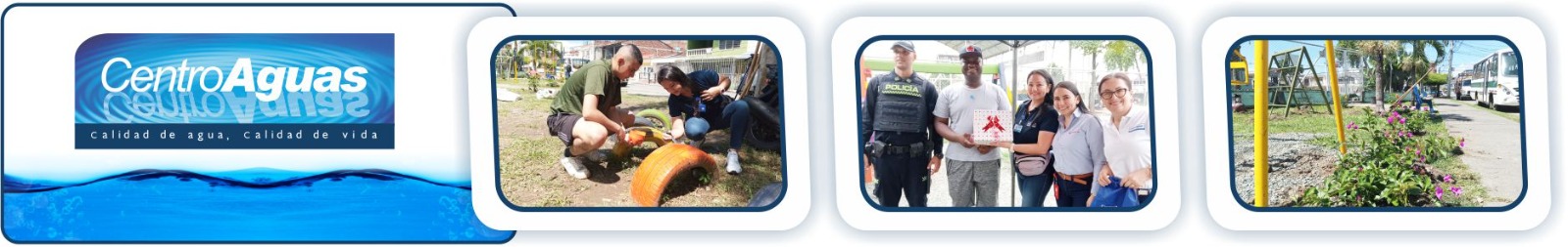 CENTROAGUAS en Tu Barrio sigue llegando a la comunidad tulueña Diseño con tres imágenes donde se ve la adecuación del parque y entrega de regalos