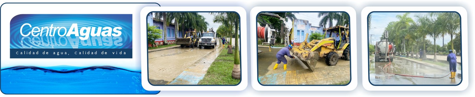 Diseño con tres imágenes que muestran al personal de la empresa atendiendo emergencia de desbordamiento 