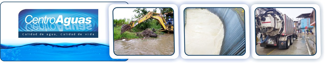 Diseño con tres fotografías donde se ve operarios de la empresa con maquinaría realizando labores en sectores inundados