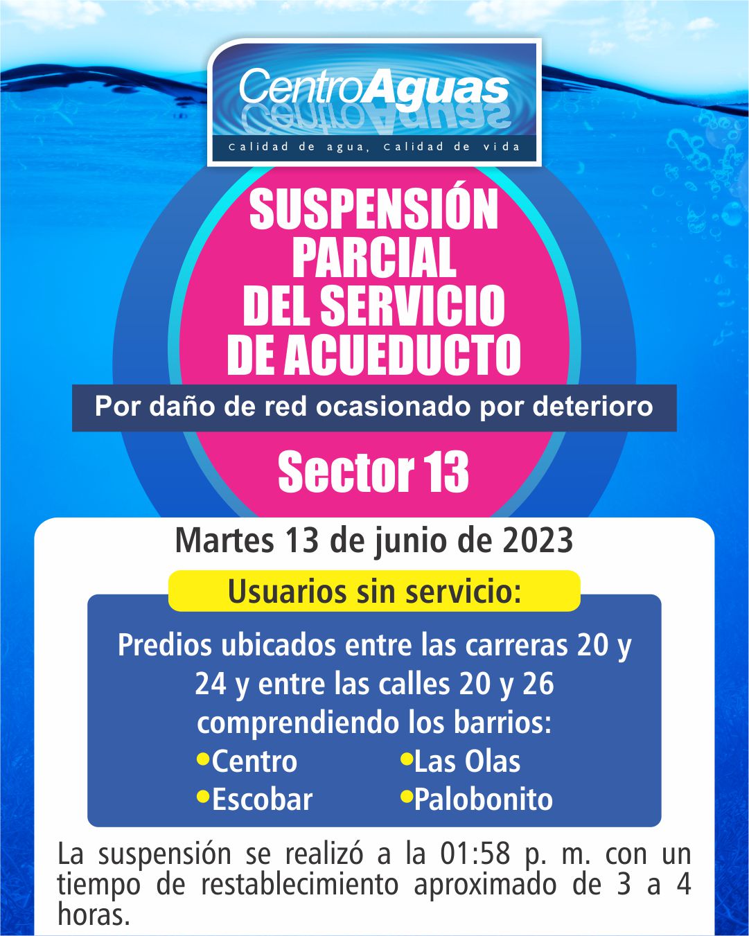 Suspensión parcial del servicio de acueducto en el sector 13