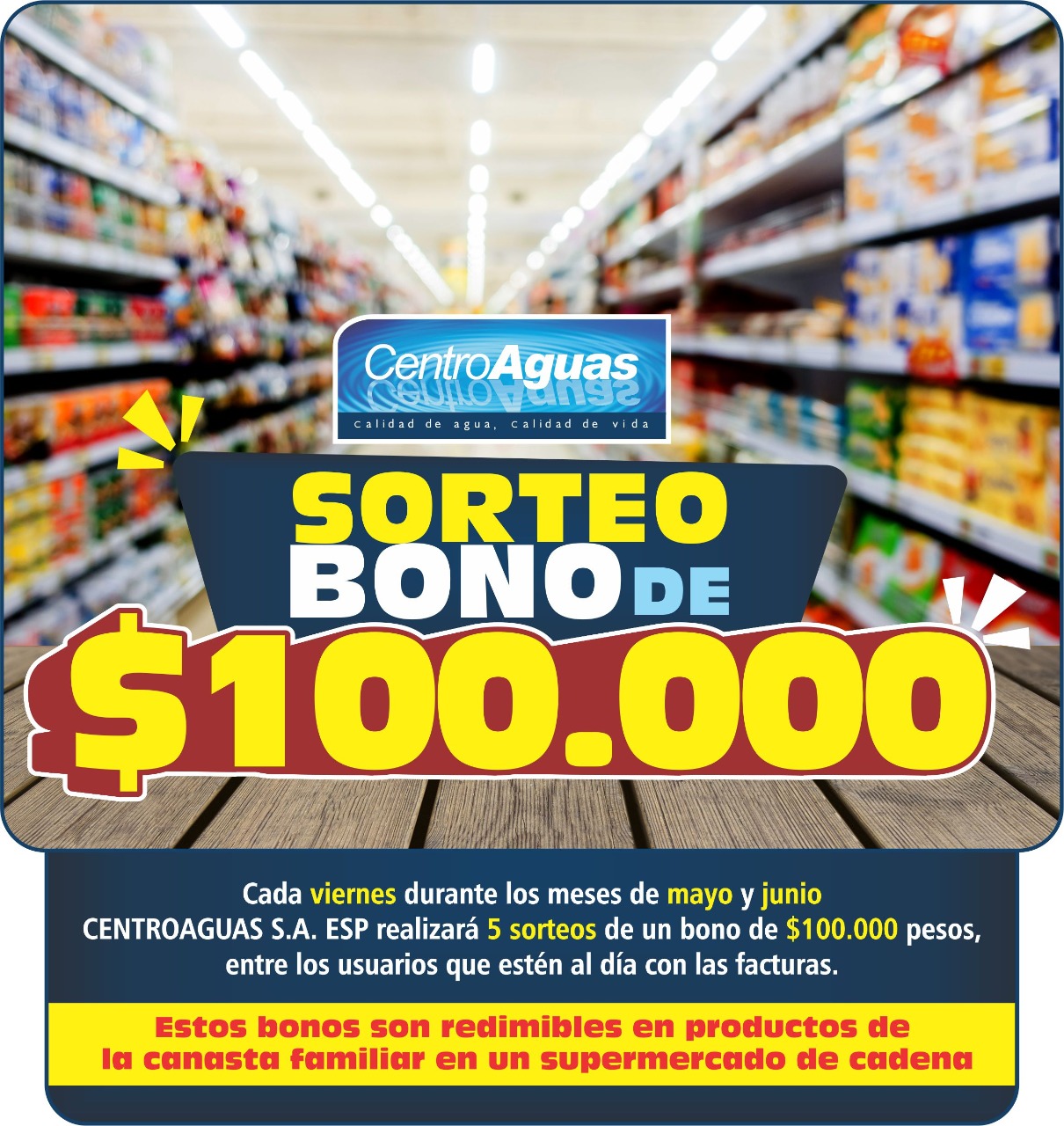 centroaguas realizará cada viernes el sorteo de cinco bonos de $100.000 cada uno Imagen representativa informando que centroaguas realizará cada viernes el sorteo de cinco bonos de $100.000 cada uno