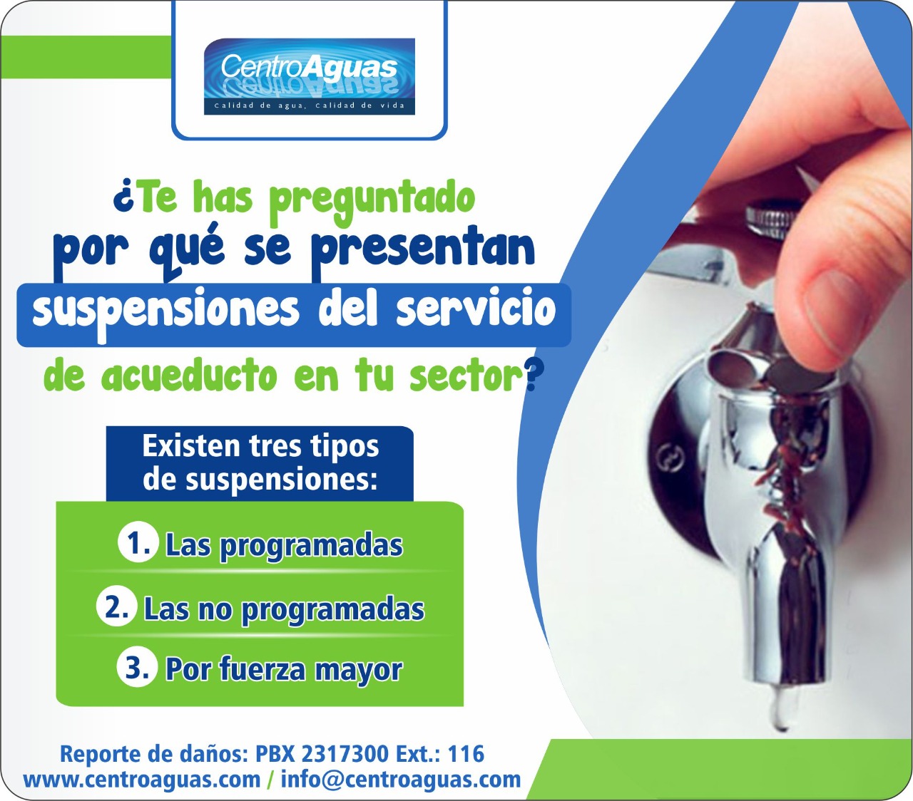 Conoce sobre los tipos de suspensión del servicio de acueducto,  programadas, no programadas y por fuerza mayor