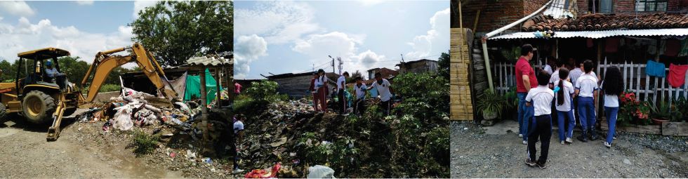 Diseño con tres fotografías de la limpieza en el sector de la Inmaculada, se observa la maquinaría de la empresa realizando labores y estudiantes ayudando a recoger basuras 