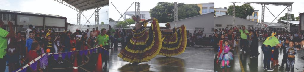 Tres fotografía de los niños disfrazados compartiendo de actividades lúdicas 