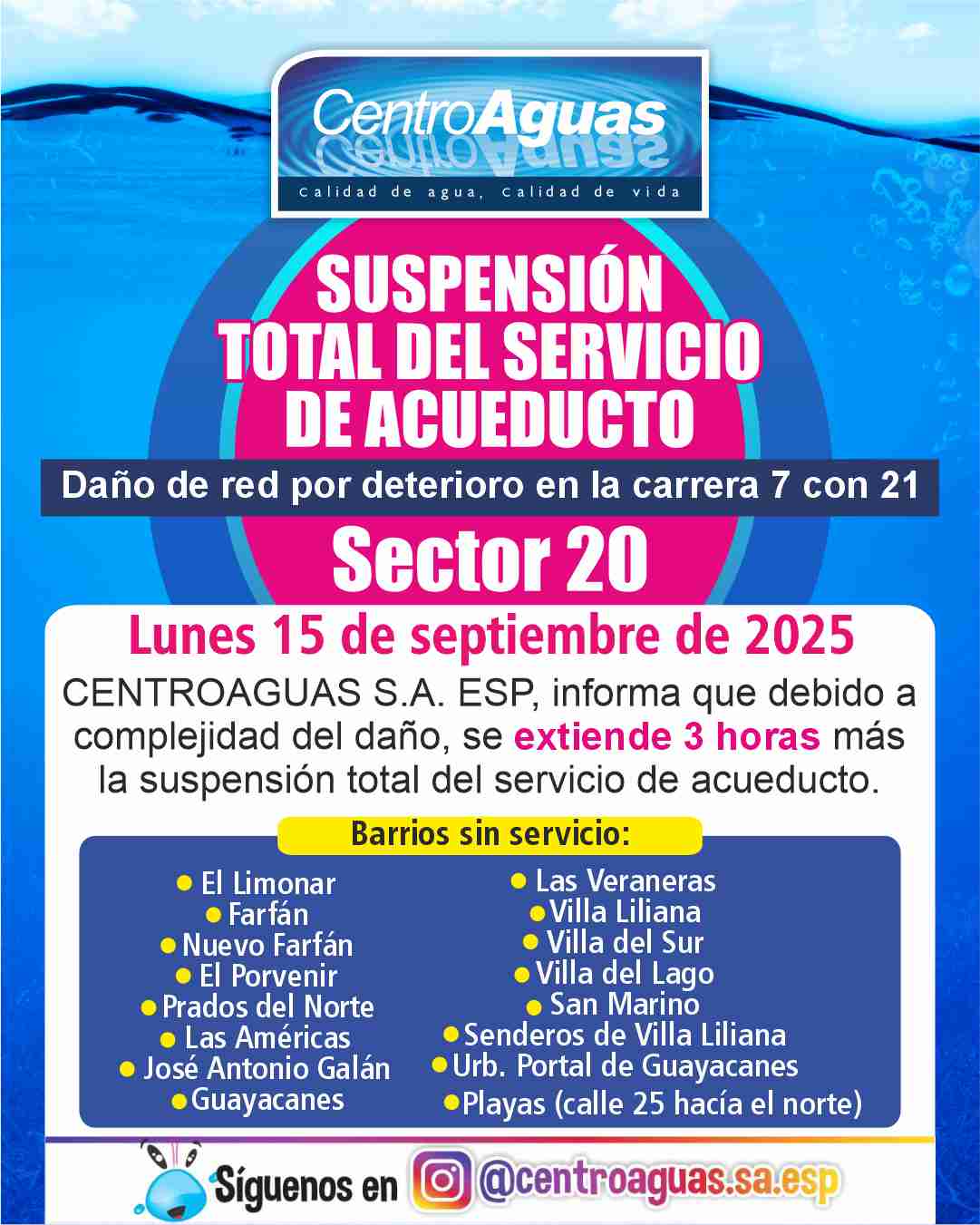 Se extiende suspensión total del servicio de acueducto en el sector 20