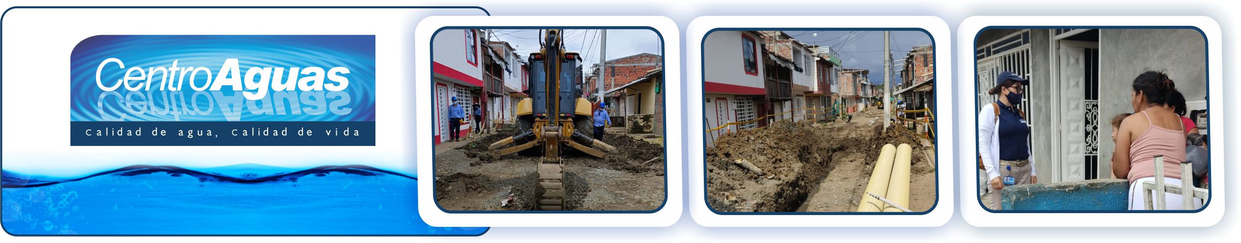 personal en la obra realizando trabajos de excavación y socialización de obra Diseño de tres fotografías del personal en la obra realizando trabajos de excavación y socialización de obra