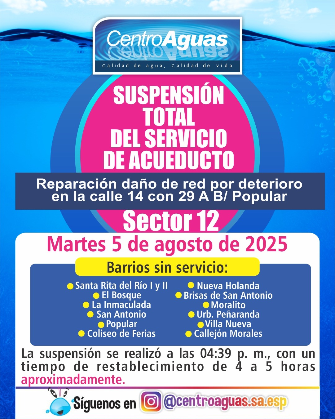 Suspensión total del servicio de acueducto del sector 12