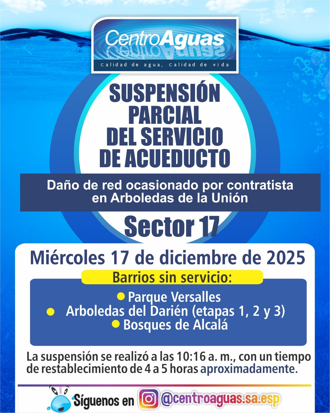 Suspensión parcial del servicio de acueducto del sector 17