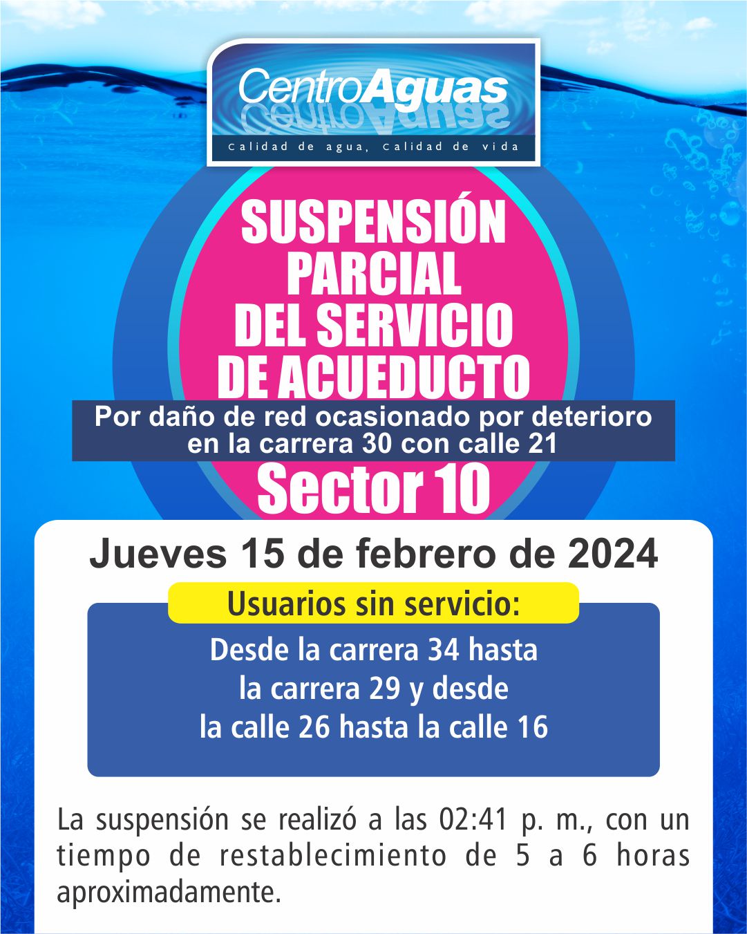 Suspensión parcial del servicio de acueducto del sector 10