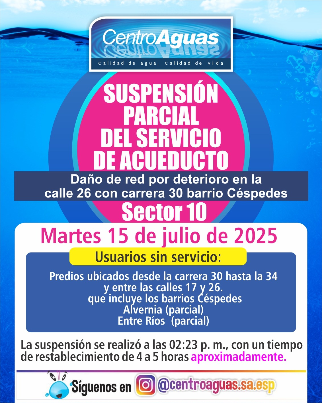 Suspensión parcial del servicio de acueducto en el sector 10