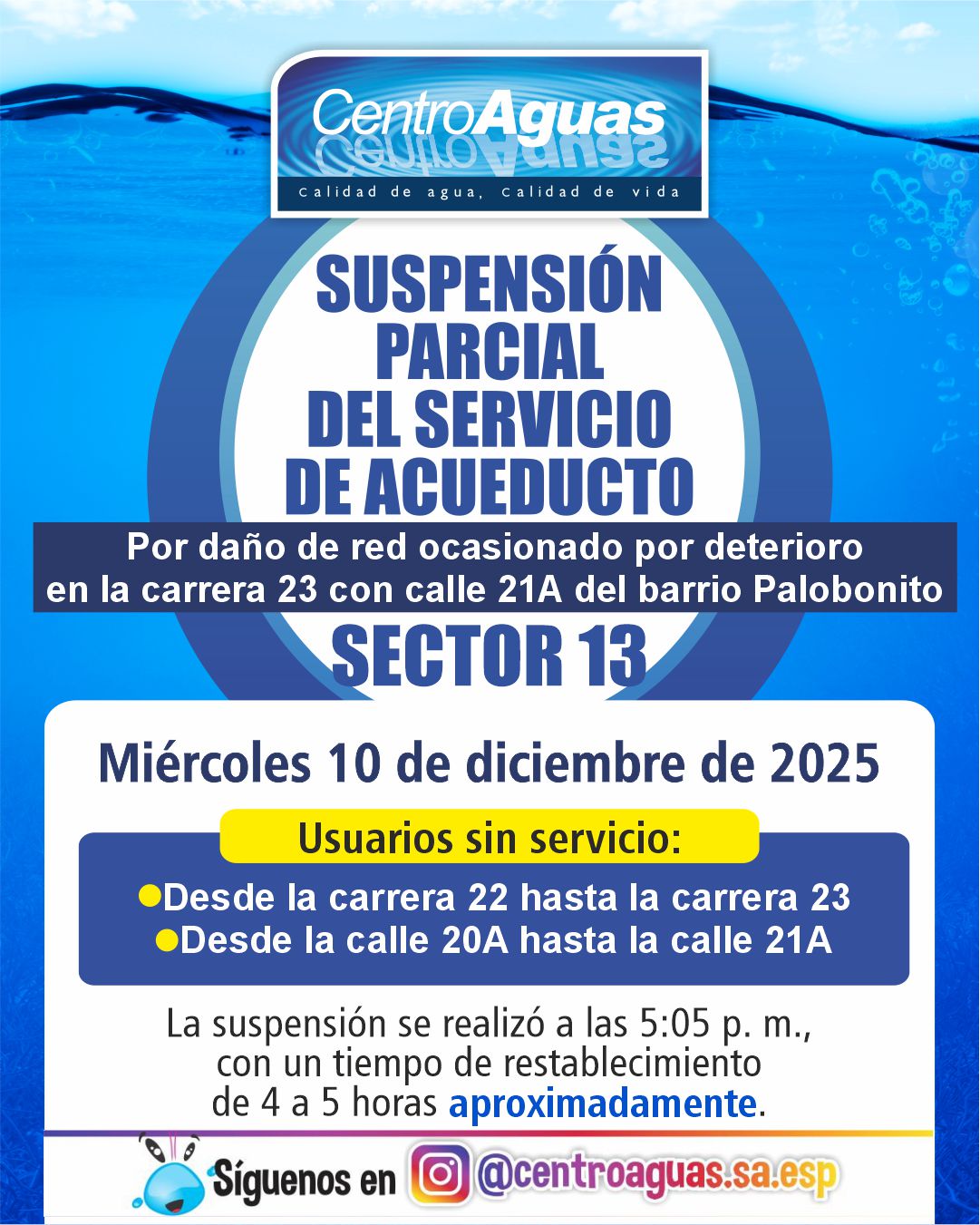 Suspensión parcial del servicio de acueducto del sector 13
