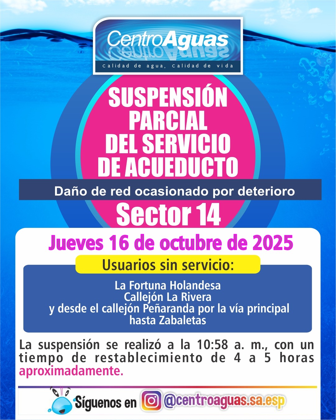 Suspensión parcial del servicio de acueducto del sector 14