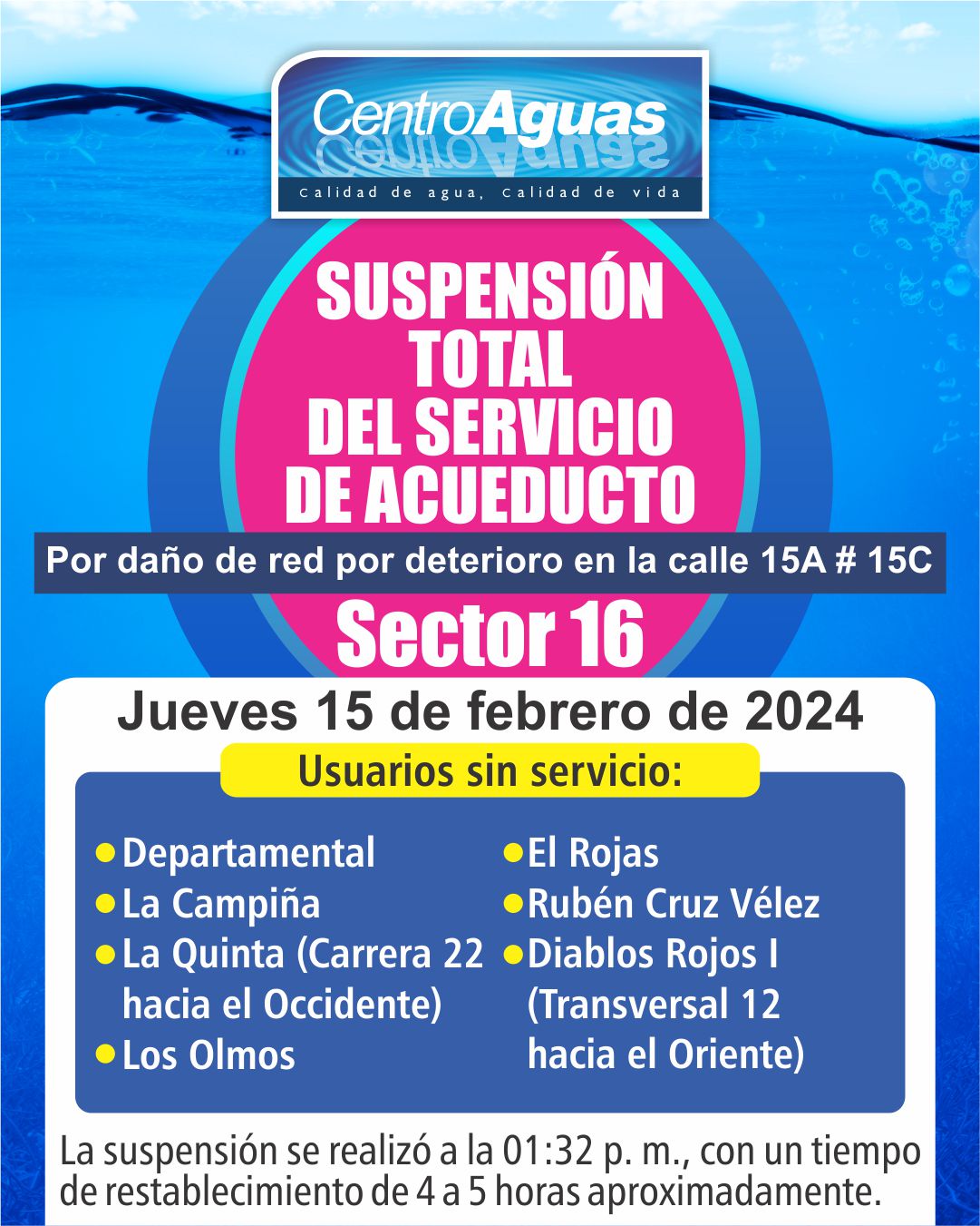 Suspensión total del servicio de acueducto del sector 16