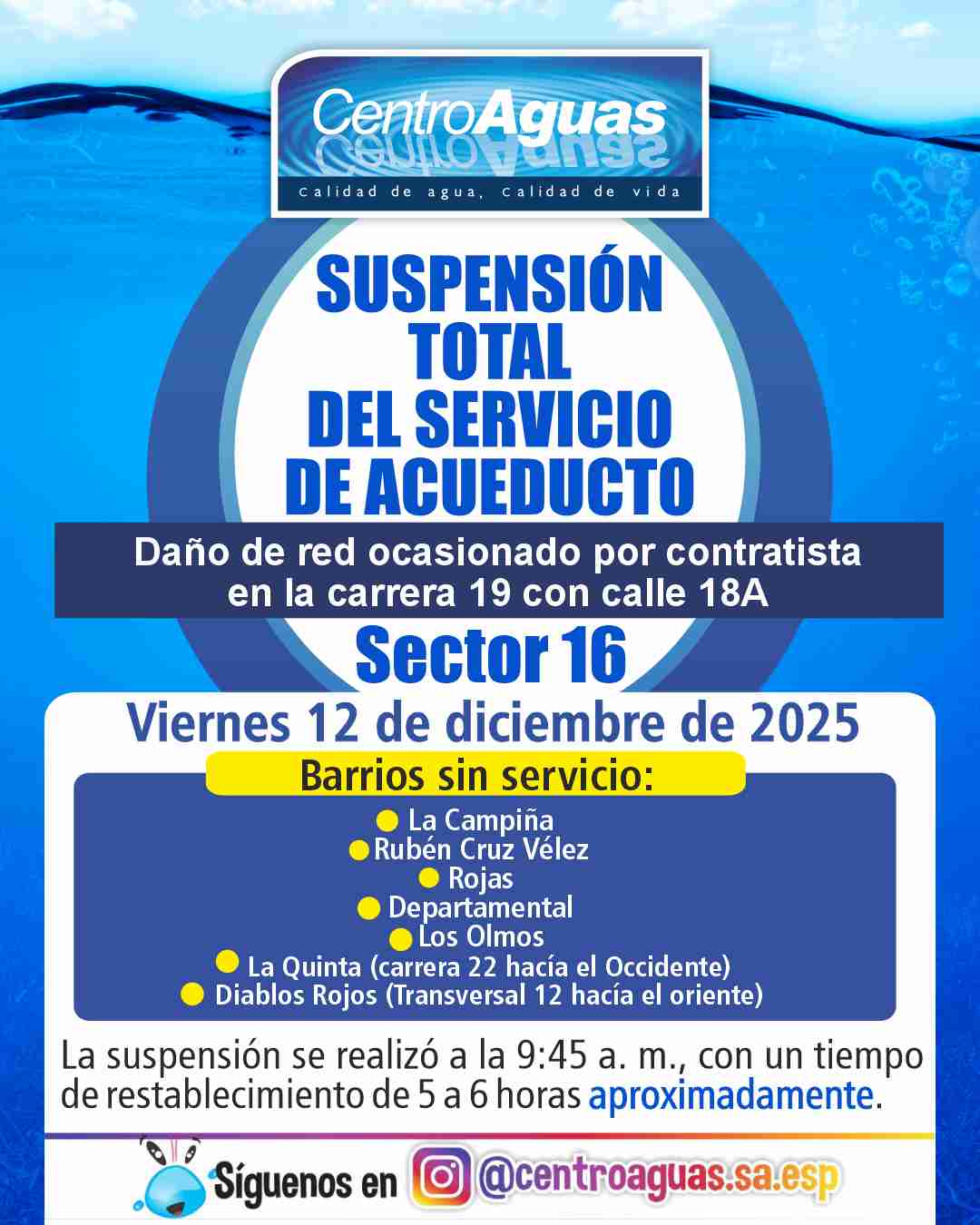 Suspensión total del servicio de acueducto del sector 16