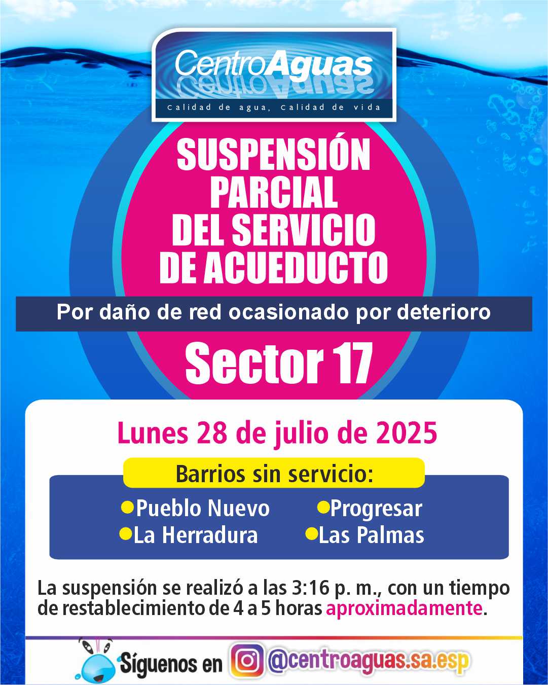 Suspensión parcial del servicio de acueducto del sector 17 
