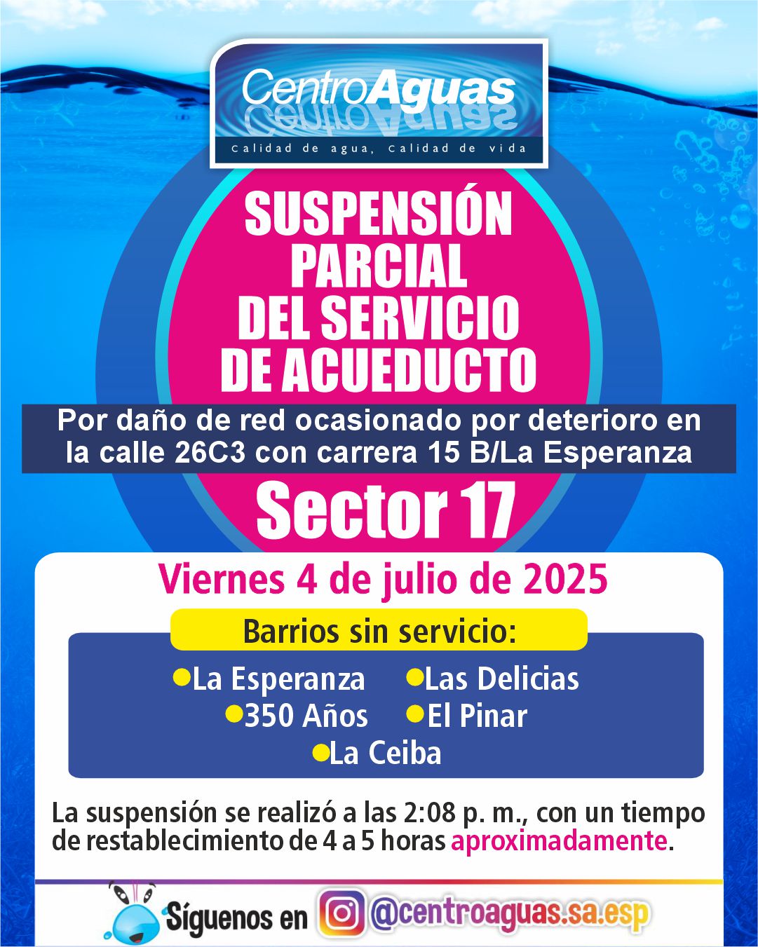Suspensión parcial del servicio de acueducto del sector 17