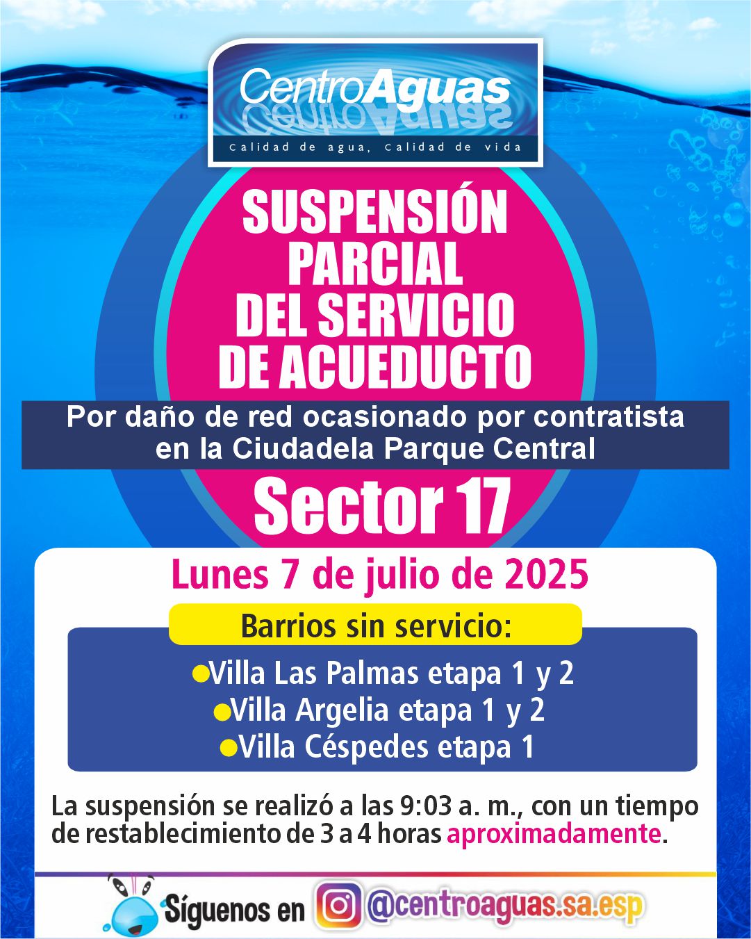 Suspensión parcial del servicio de acueducto del sector 17
