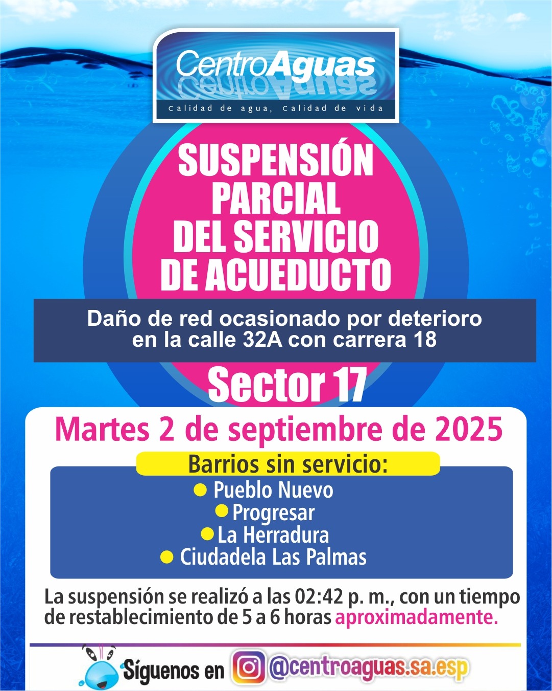 Suspensión parcial del servicio de acueducto del sector 17