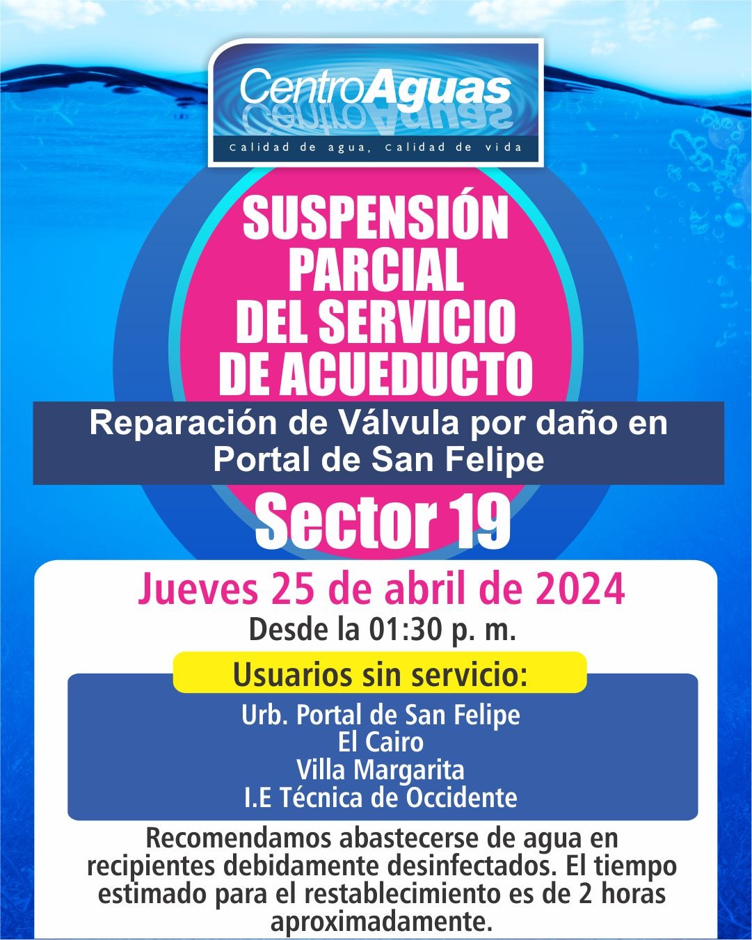 Imagen representa Suspensión parcial del servicio de acueducto en el sector 19