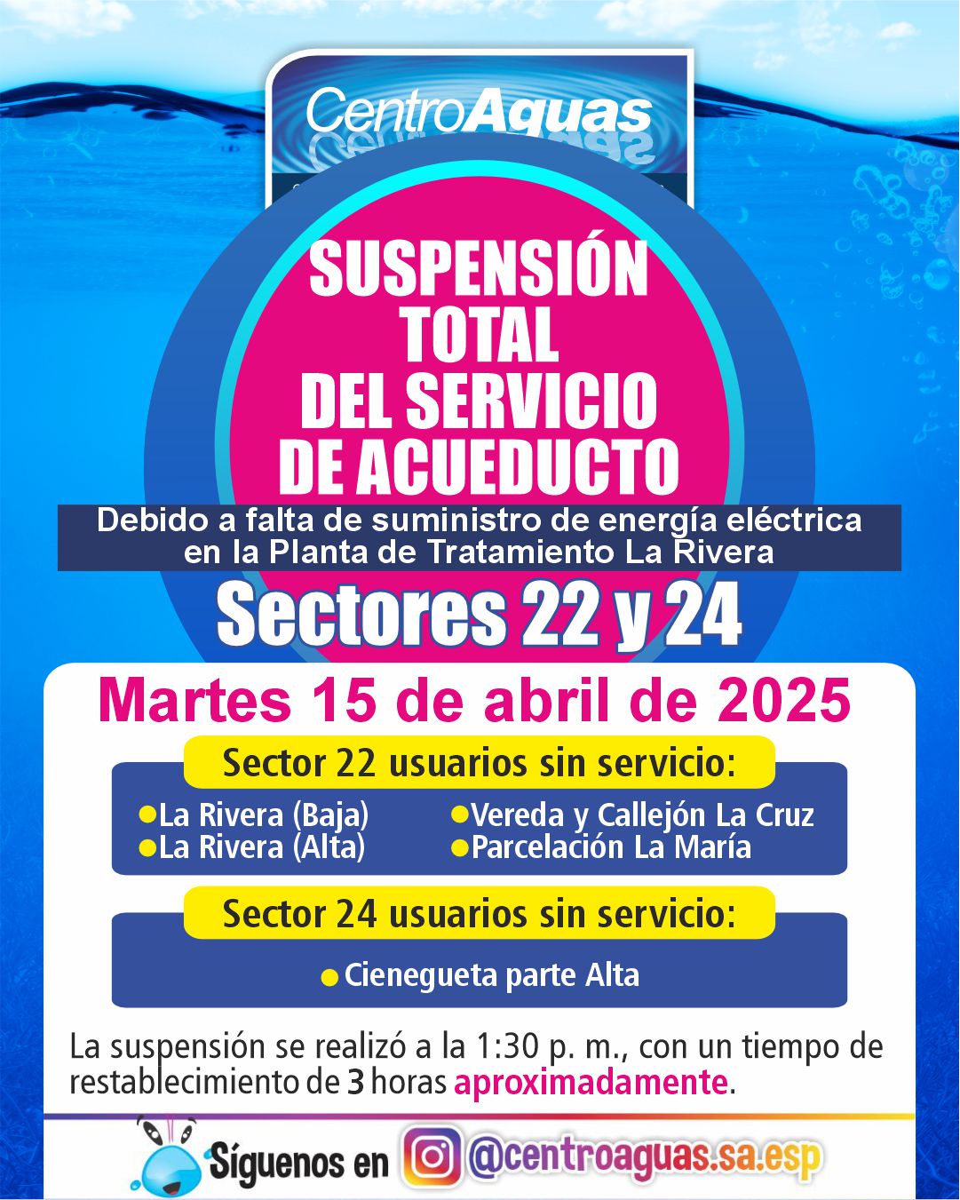 Suspensión total del servicio de acueducto en los sectores 22 y 24