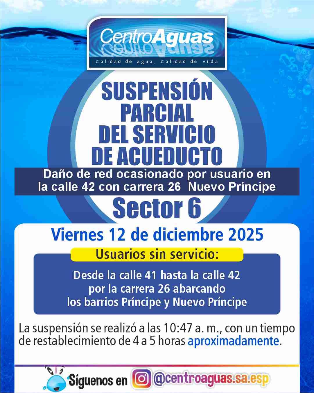 Suspensión parcial del servicio de acueducto del sector 6