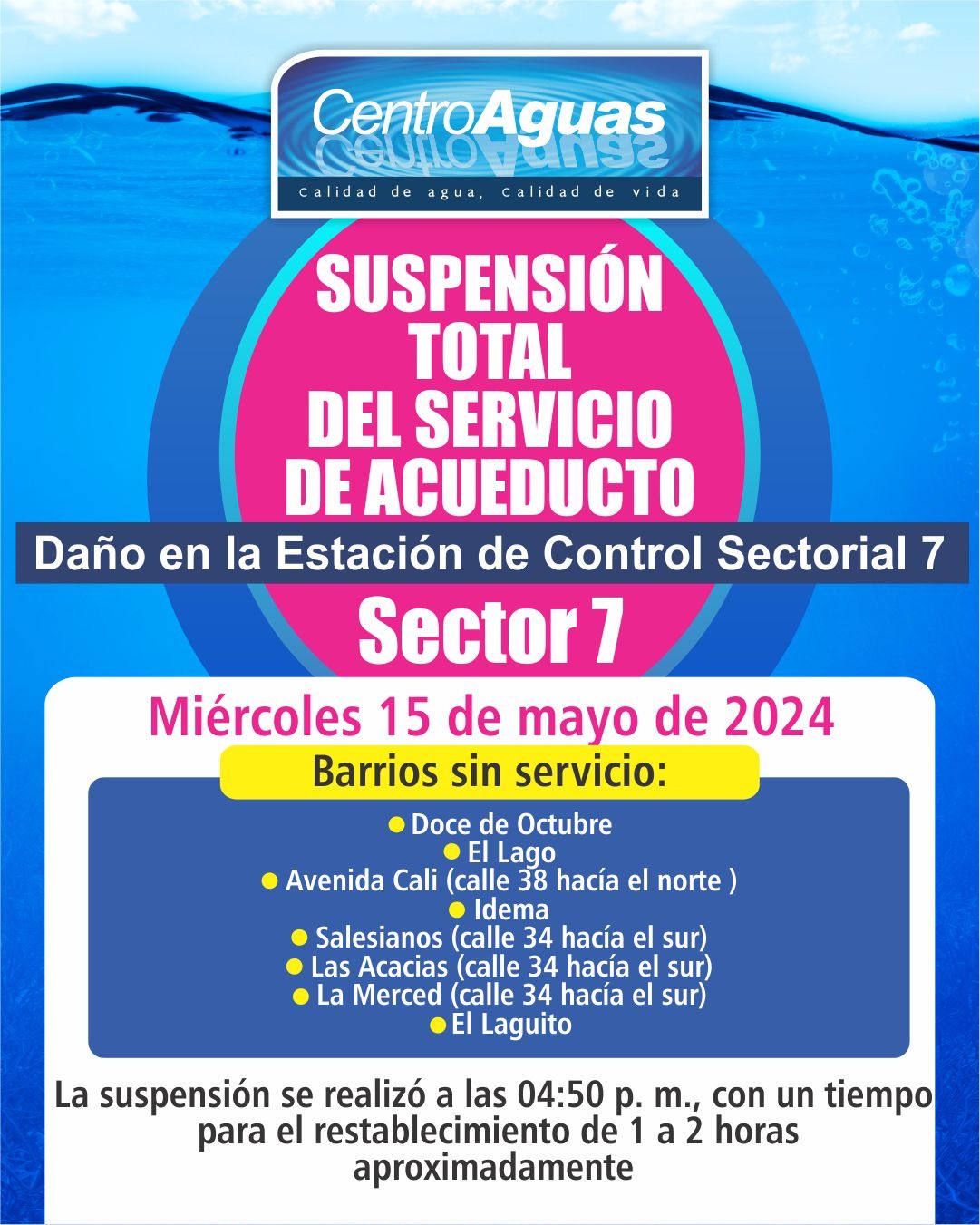 Suspensión total del servicio de acueducto en el sector 7