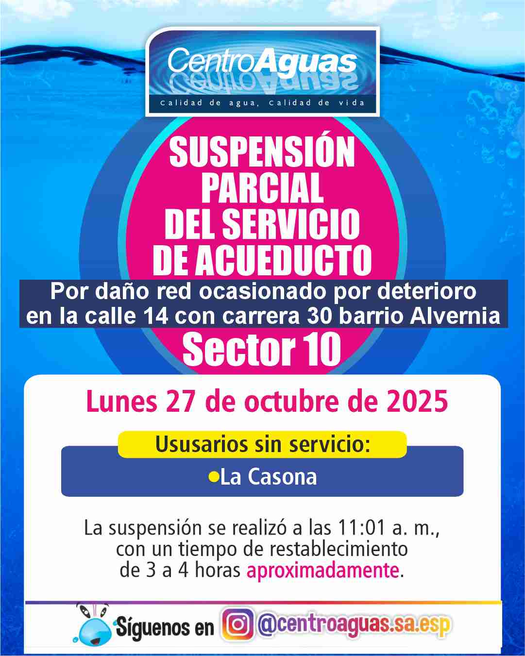 Suspensión parcial del servicio de acueducto del sector 10