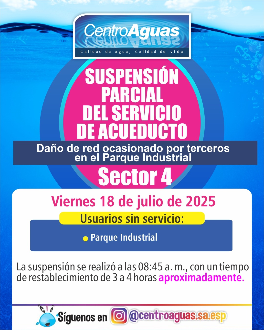 Suspensión parcial del servicio de acueducto del sector 4