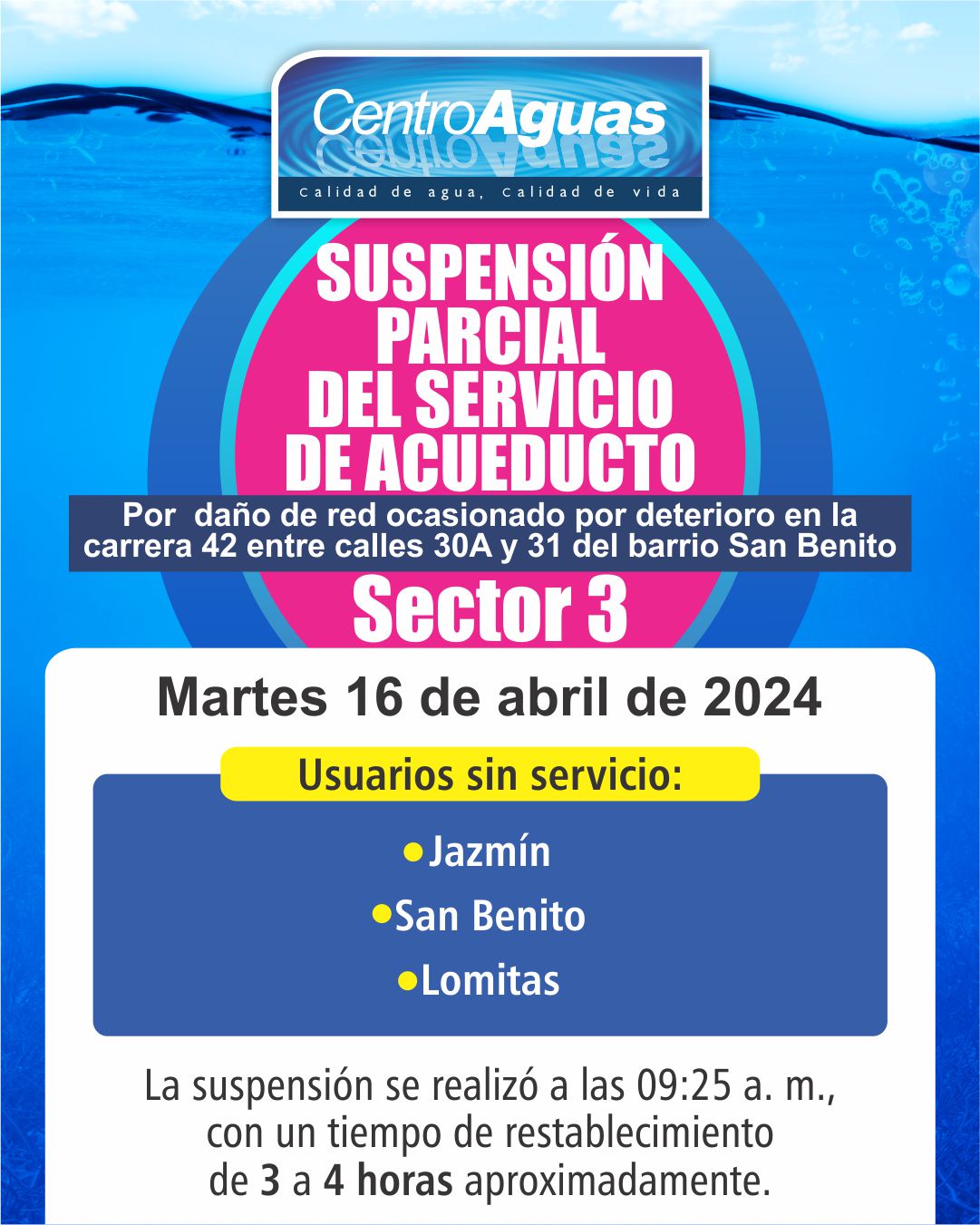 Suspensión parcial del servicio de acueducto del sector 3