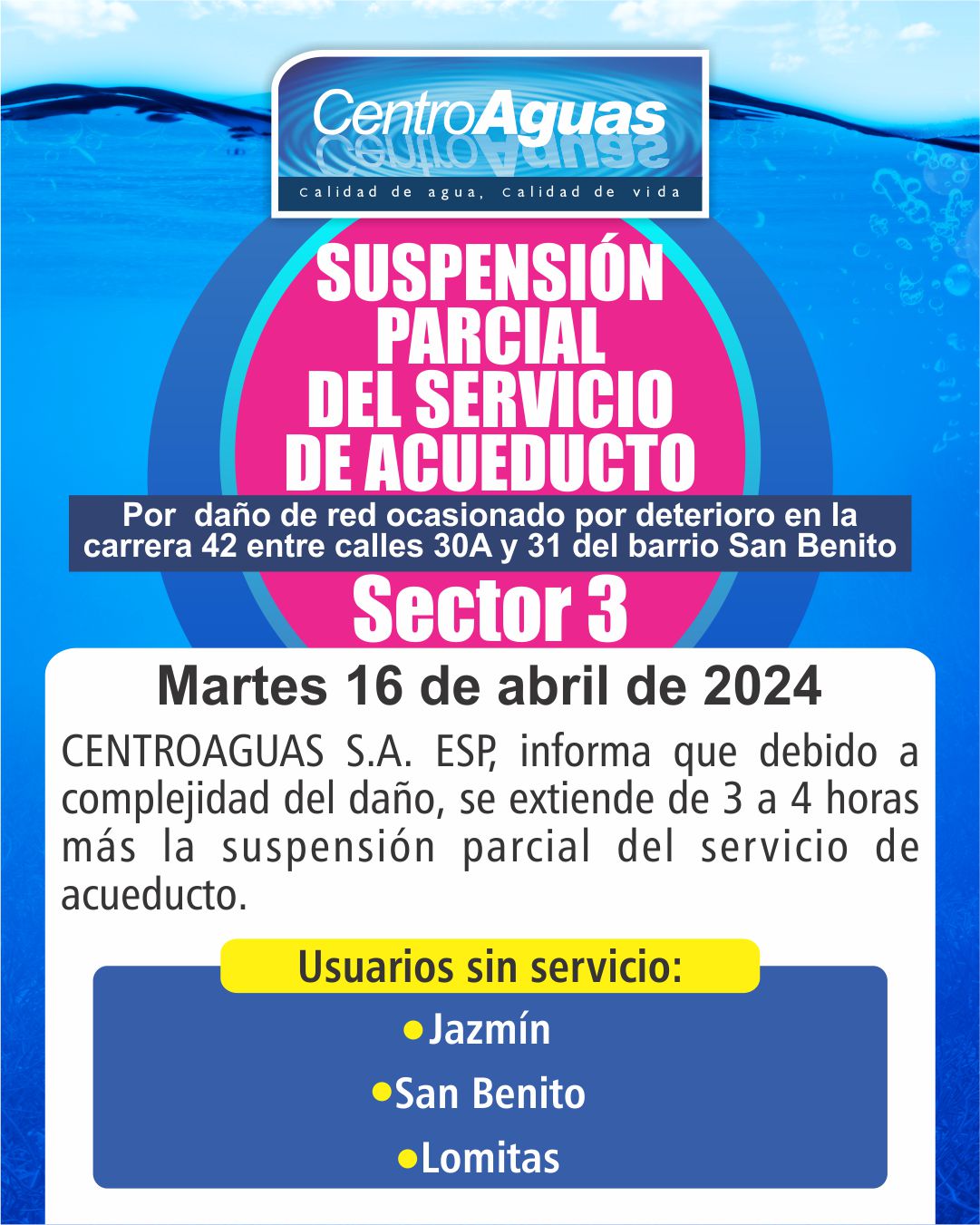 Se extiende suspensión parcial del servicio de acueducto en el sector 10