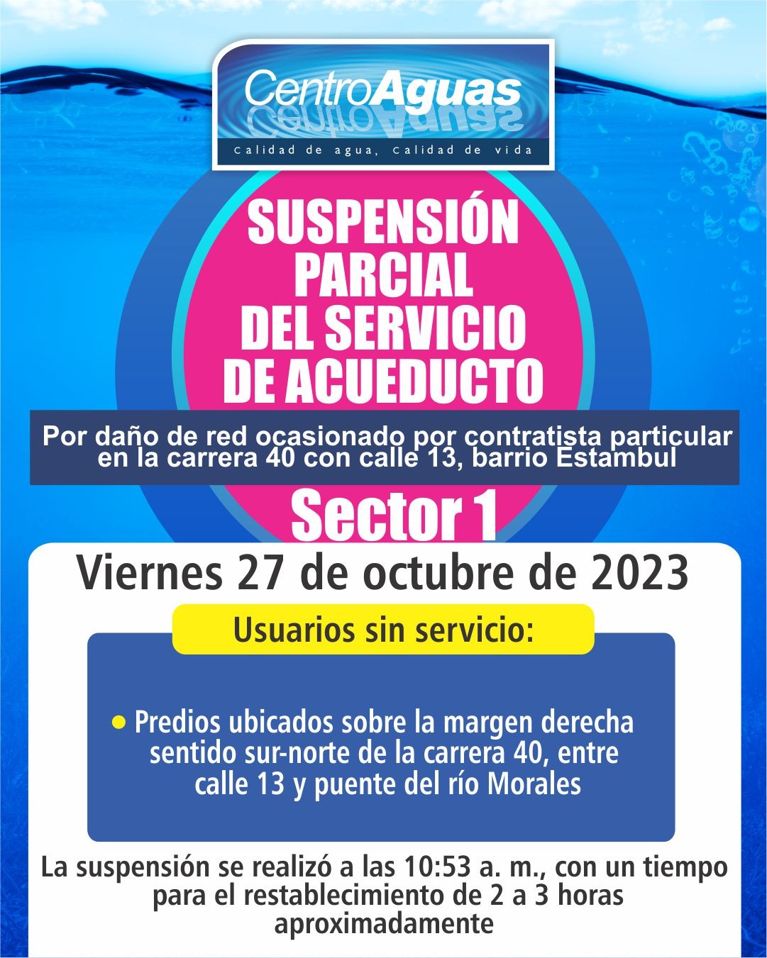 Suspensión parcial del servicio de acueducto del sector 1 / Octubre 27