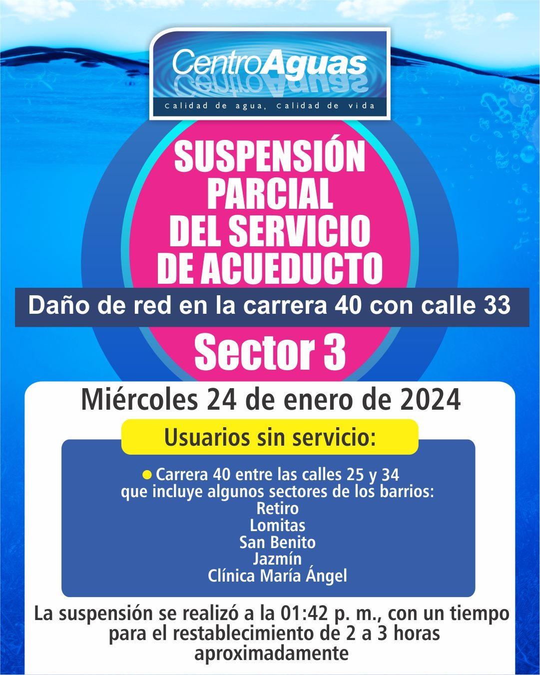 Suspensión parcial del servicio de acueducto del sector 3