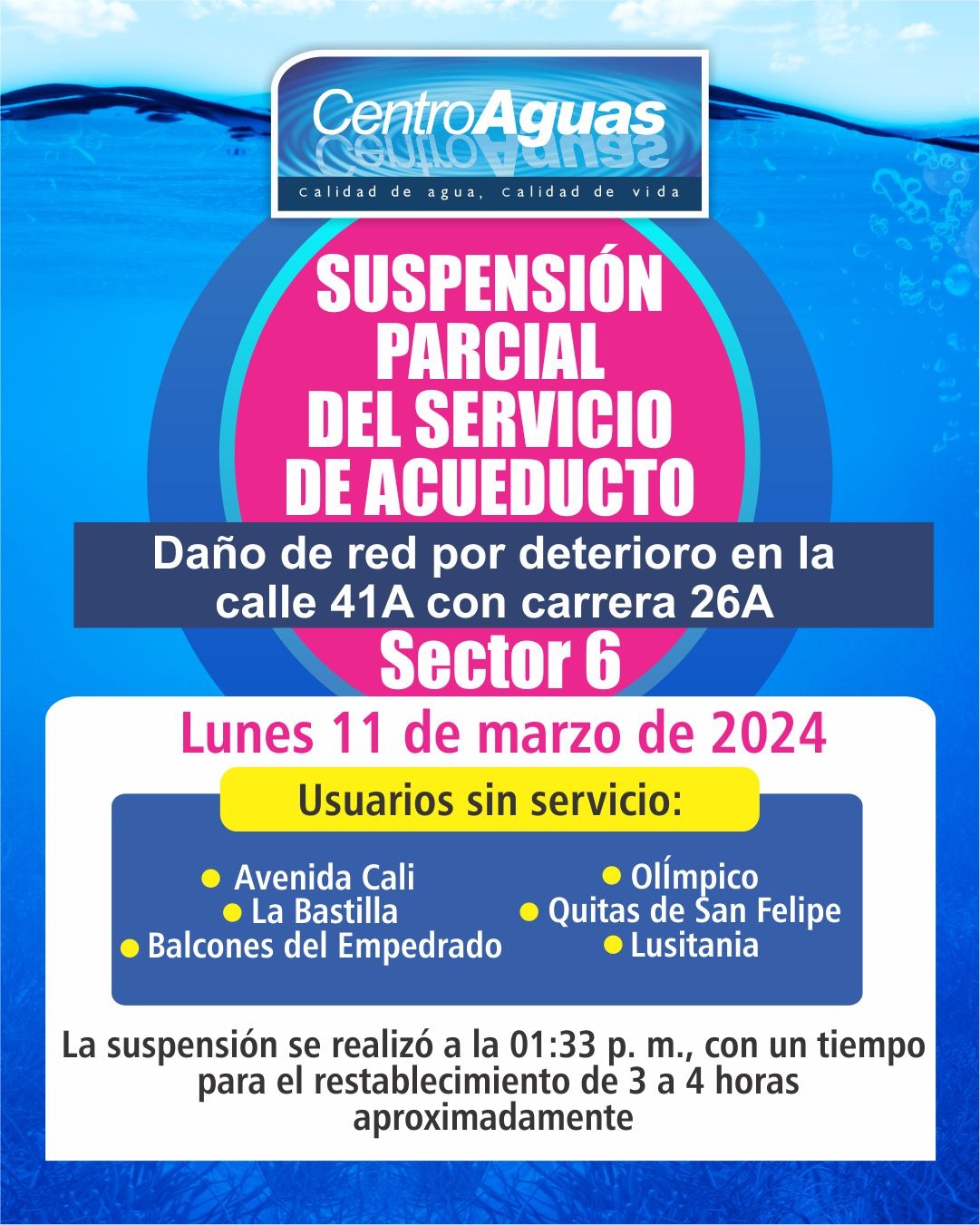 Suspensión parcial del servicio de acueducto del sector 6