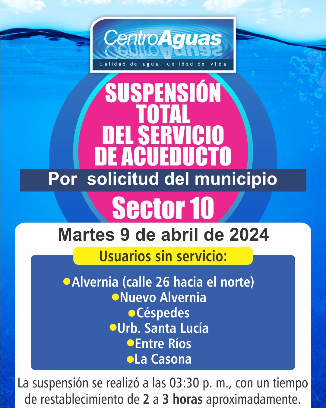 Suspensión total del servicio de acueducto en el sector 10