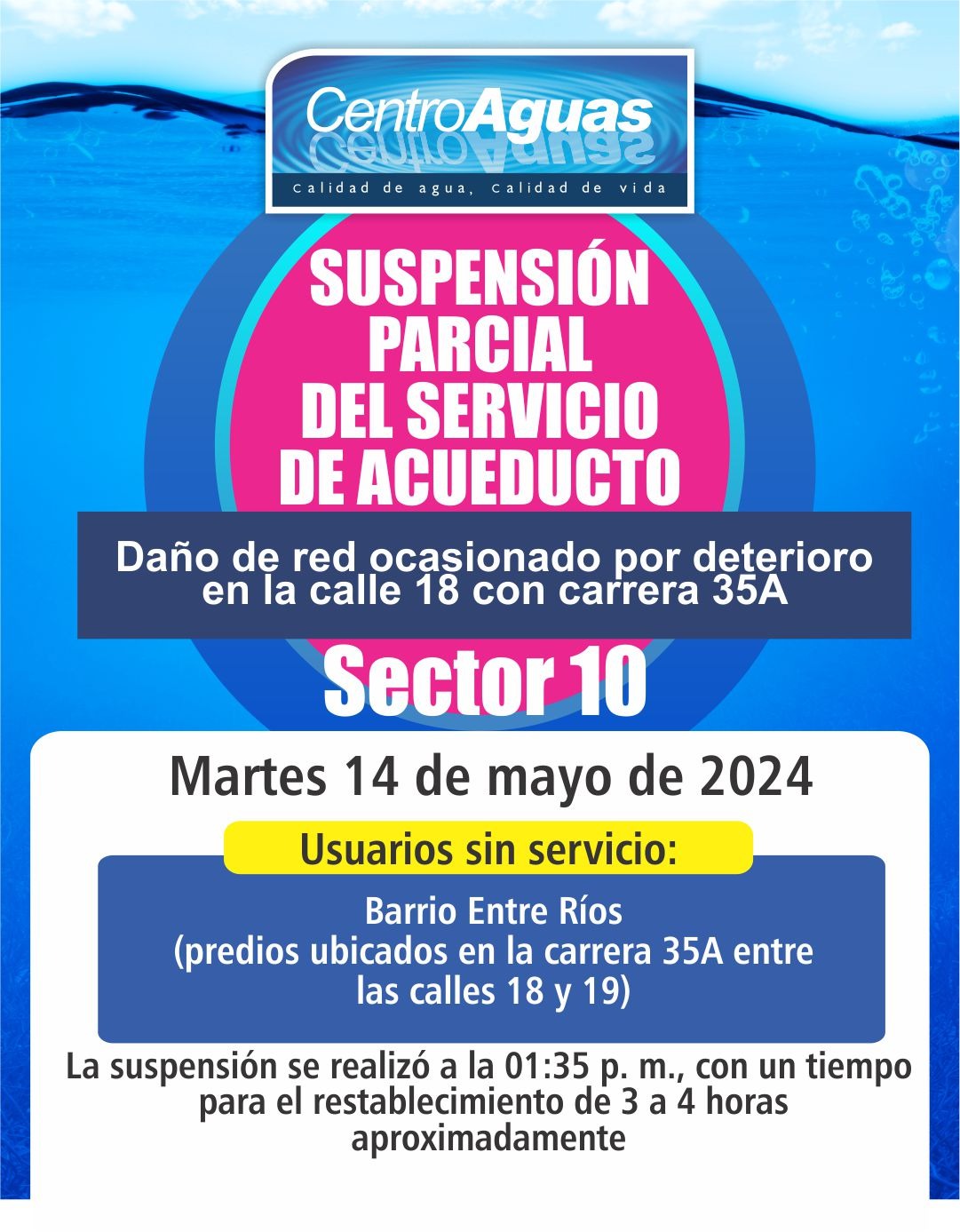 Suspensión parcial del servicio de acueducto en el sector 10 por daño de red ocasionado por deterioro