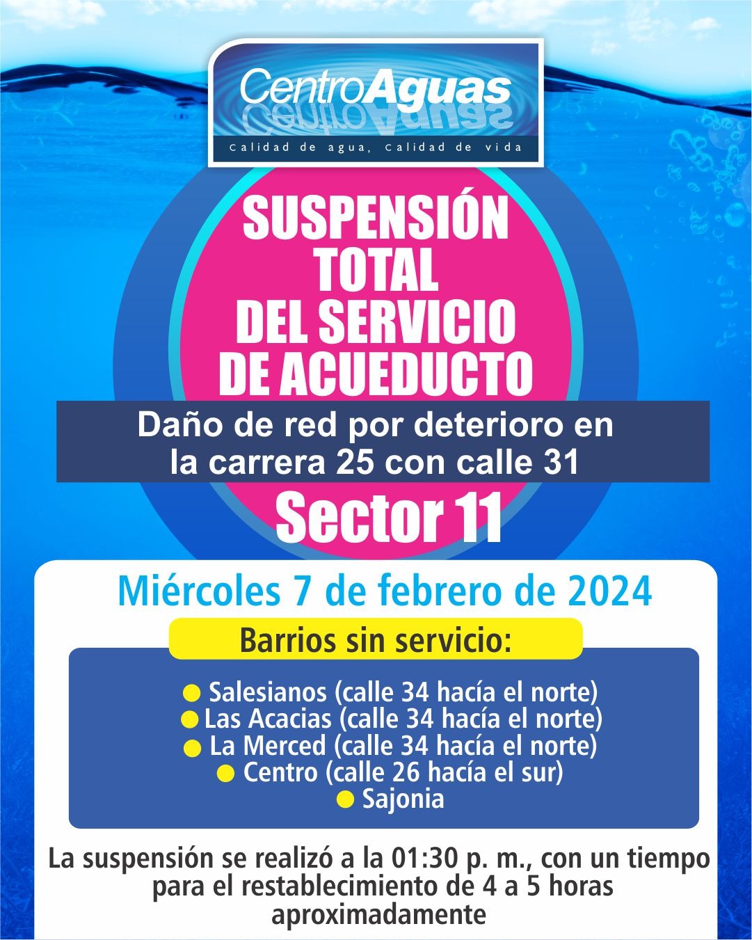 Suspensión total del servicio de acueducto del sector 11