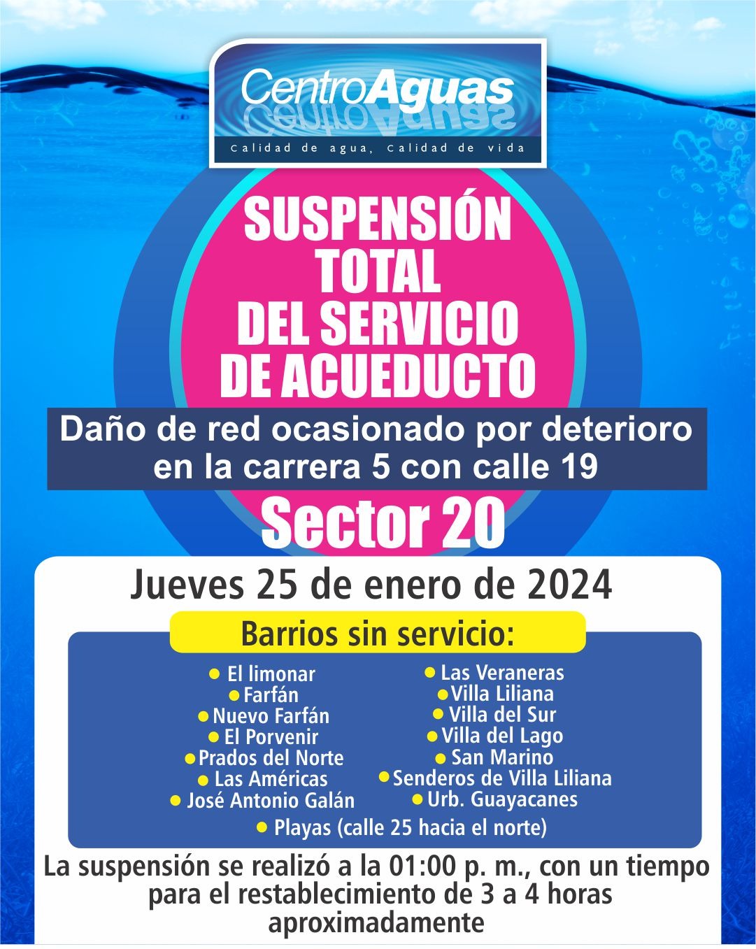 Suspensión total del servicio de acueducto del sector 20