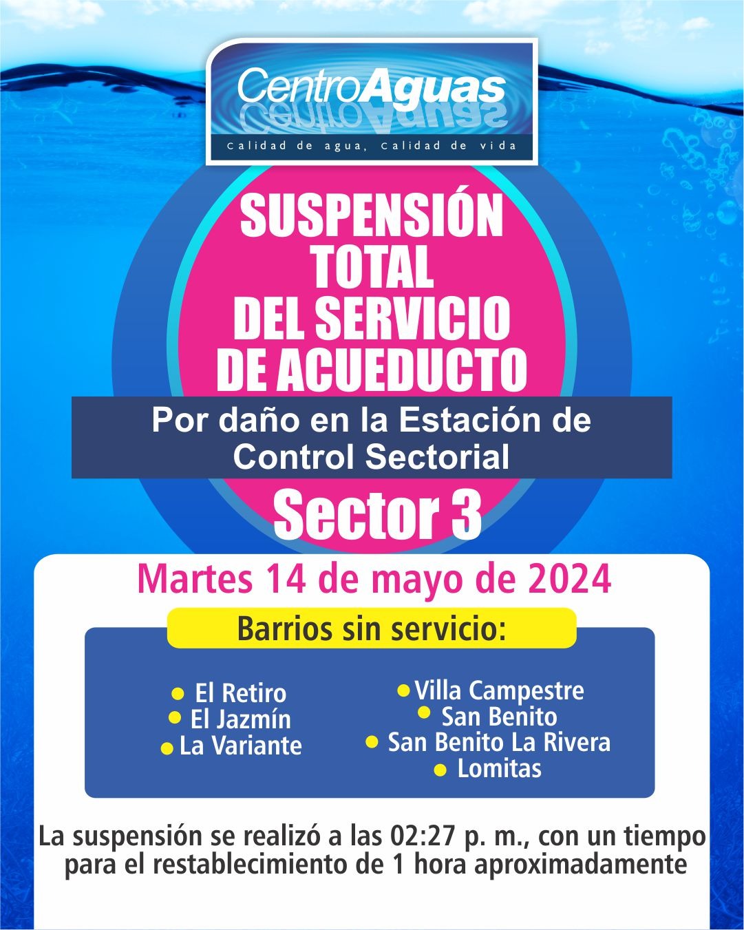 Suspensión total del servicio de acueducto del sector 3 por daño en la estacion de control sectorial ocasionado por deterioro