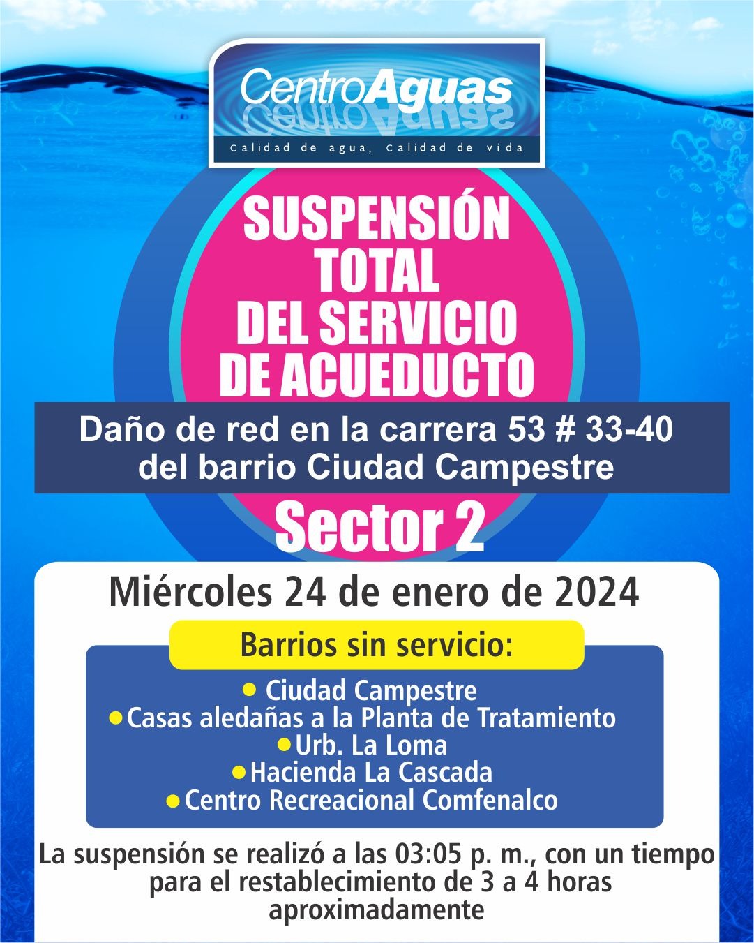 Suspensión total del servicio de acueducto del sector 2