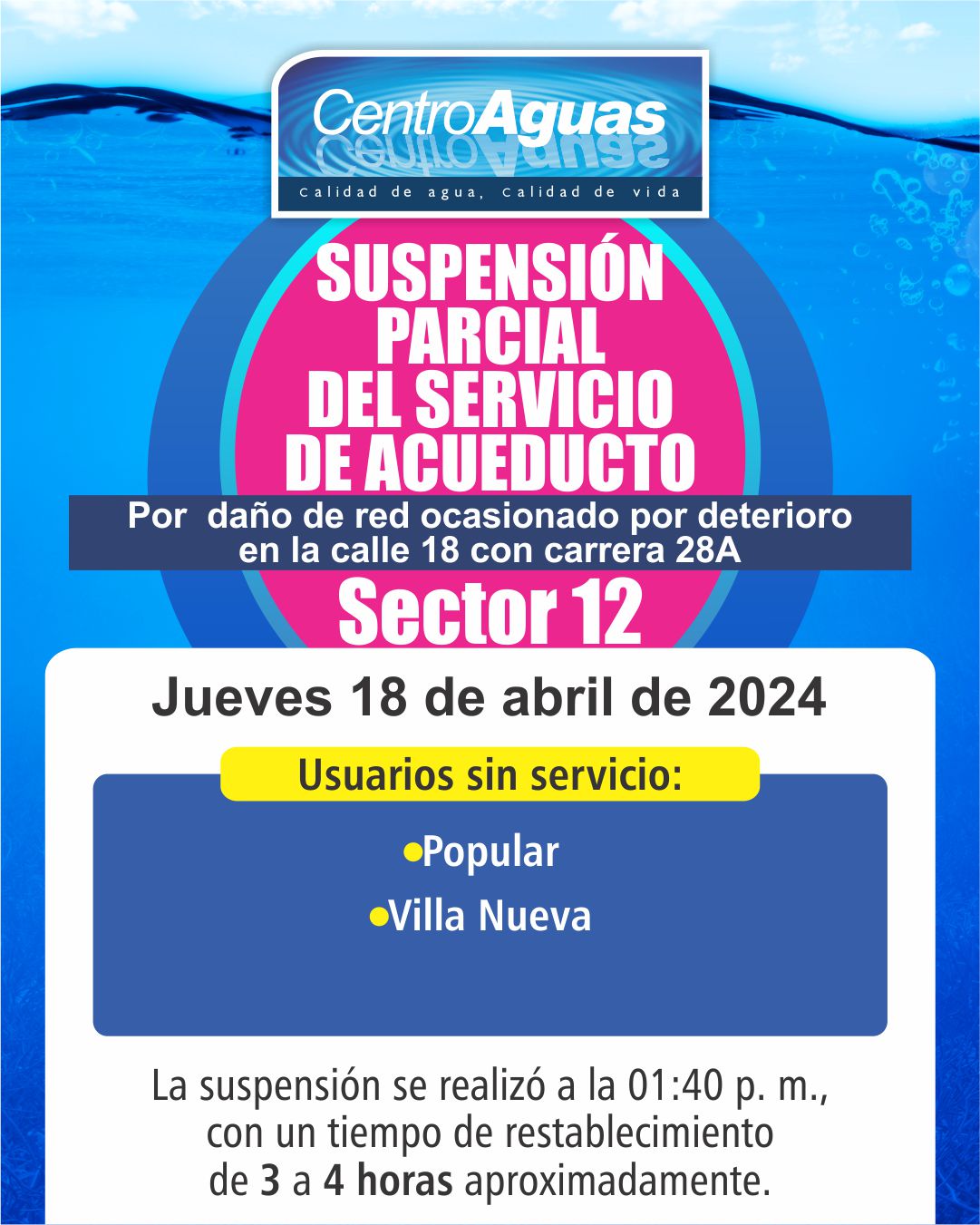 Imagen de suspensión del servicio  en el barrio Popular y Villa Nueva