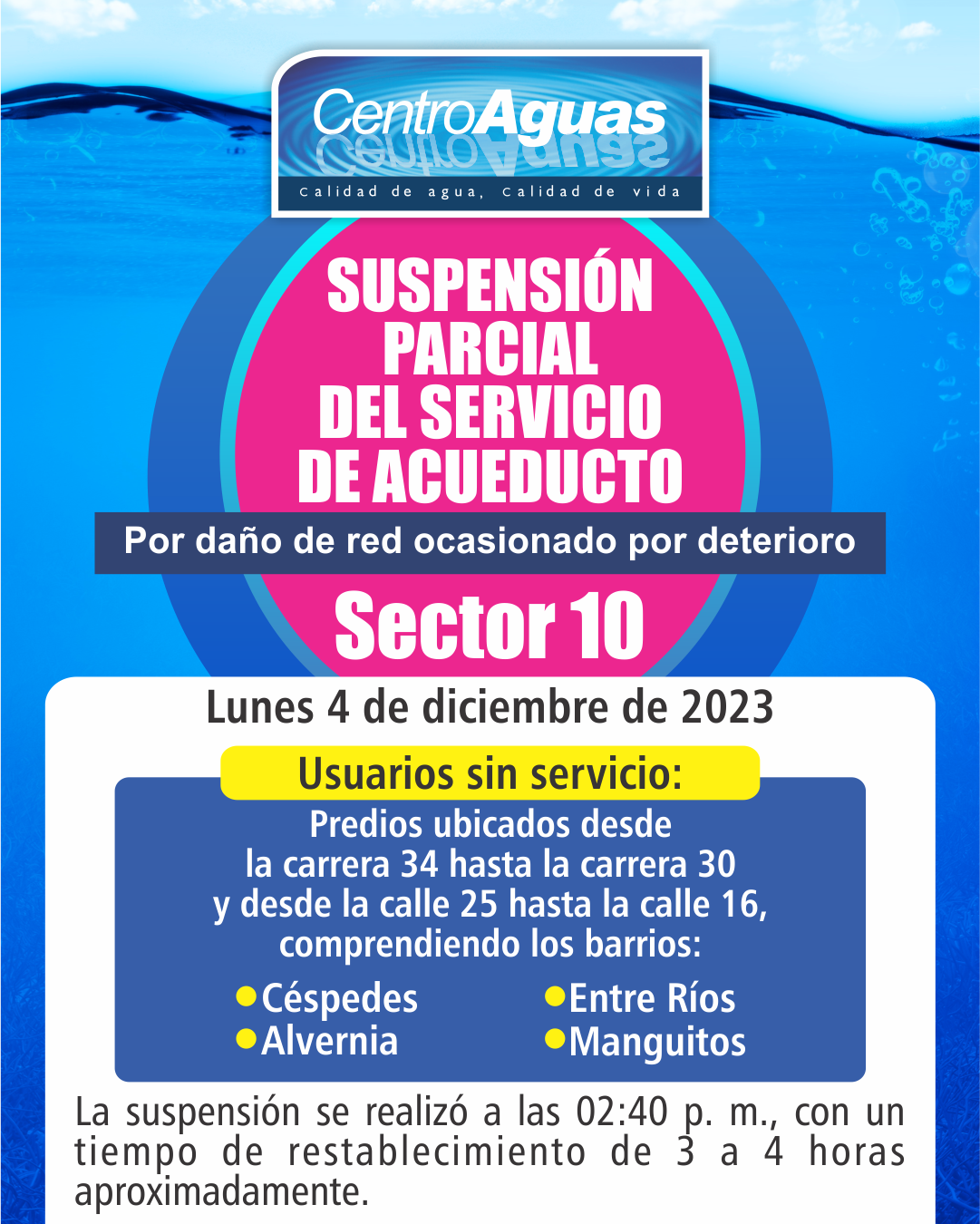 Suspensión parcial del servicio de acueducto del sector 10