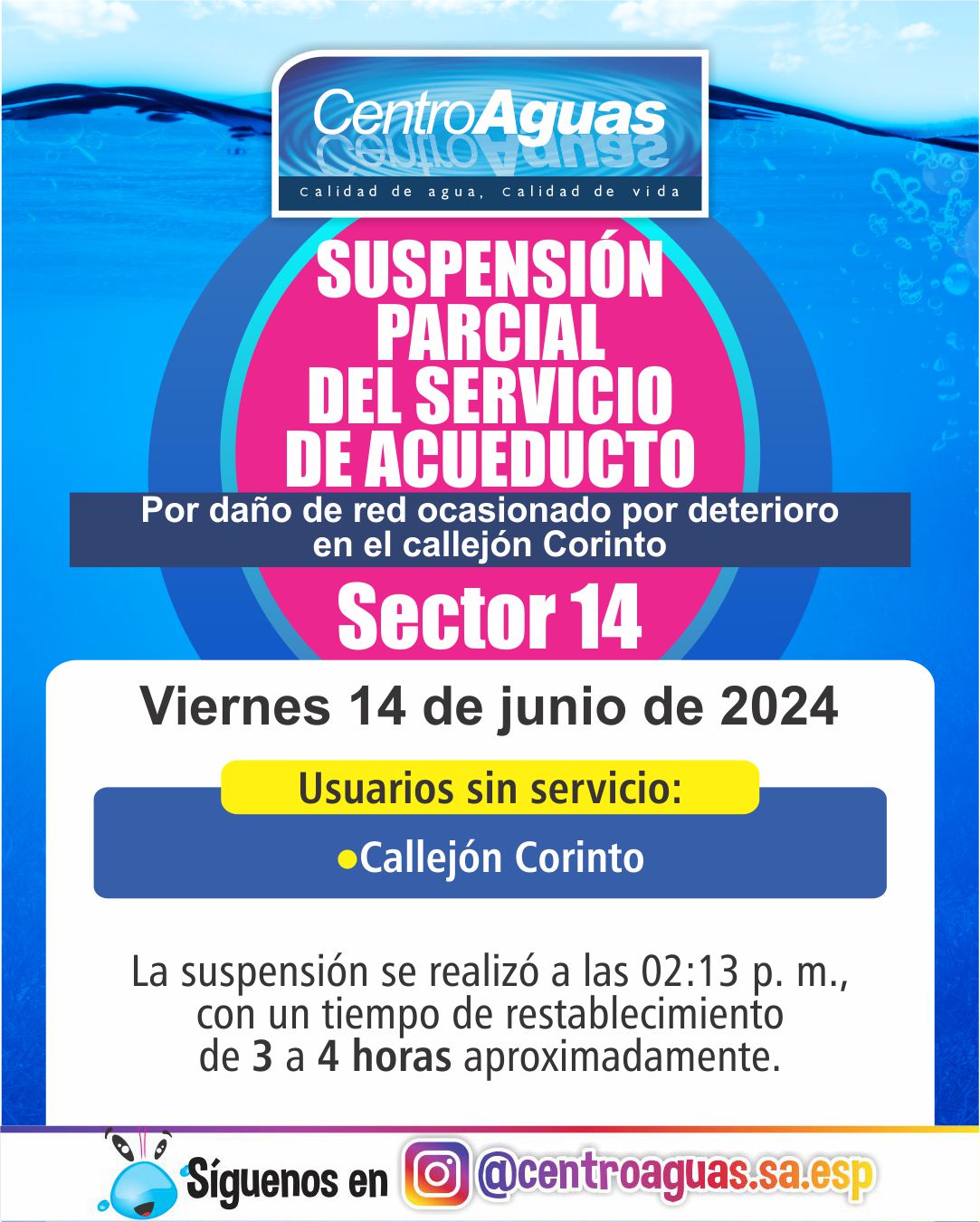 Suspensión parcial del servicio de acueducto en el sector 14