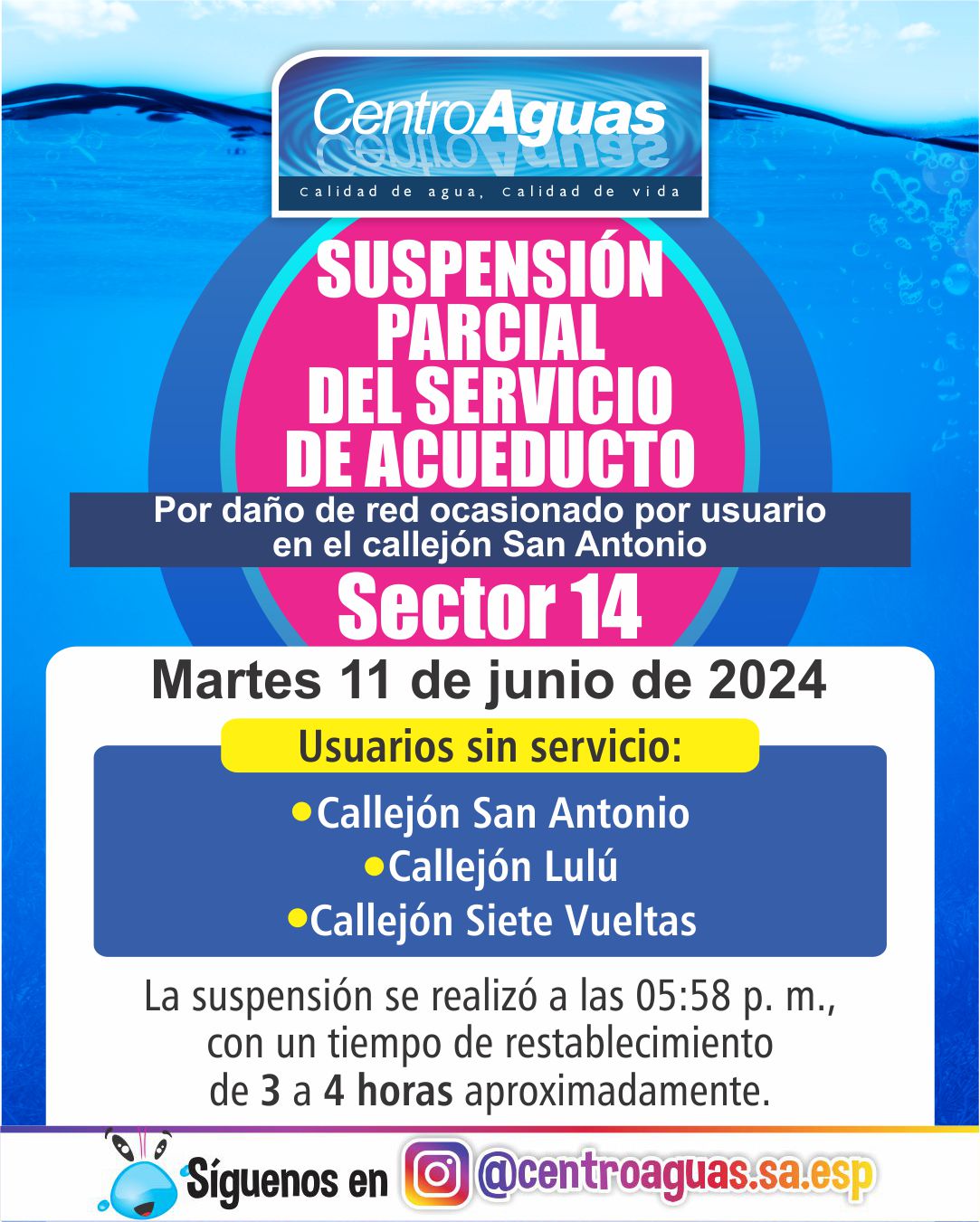 Suspensión parcial del servicio de acueducto en el sector 14